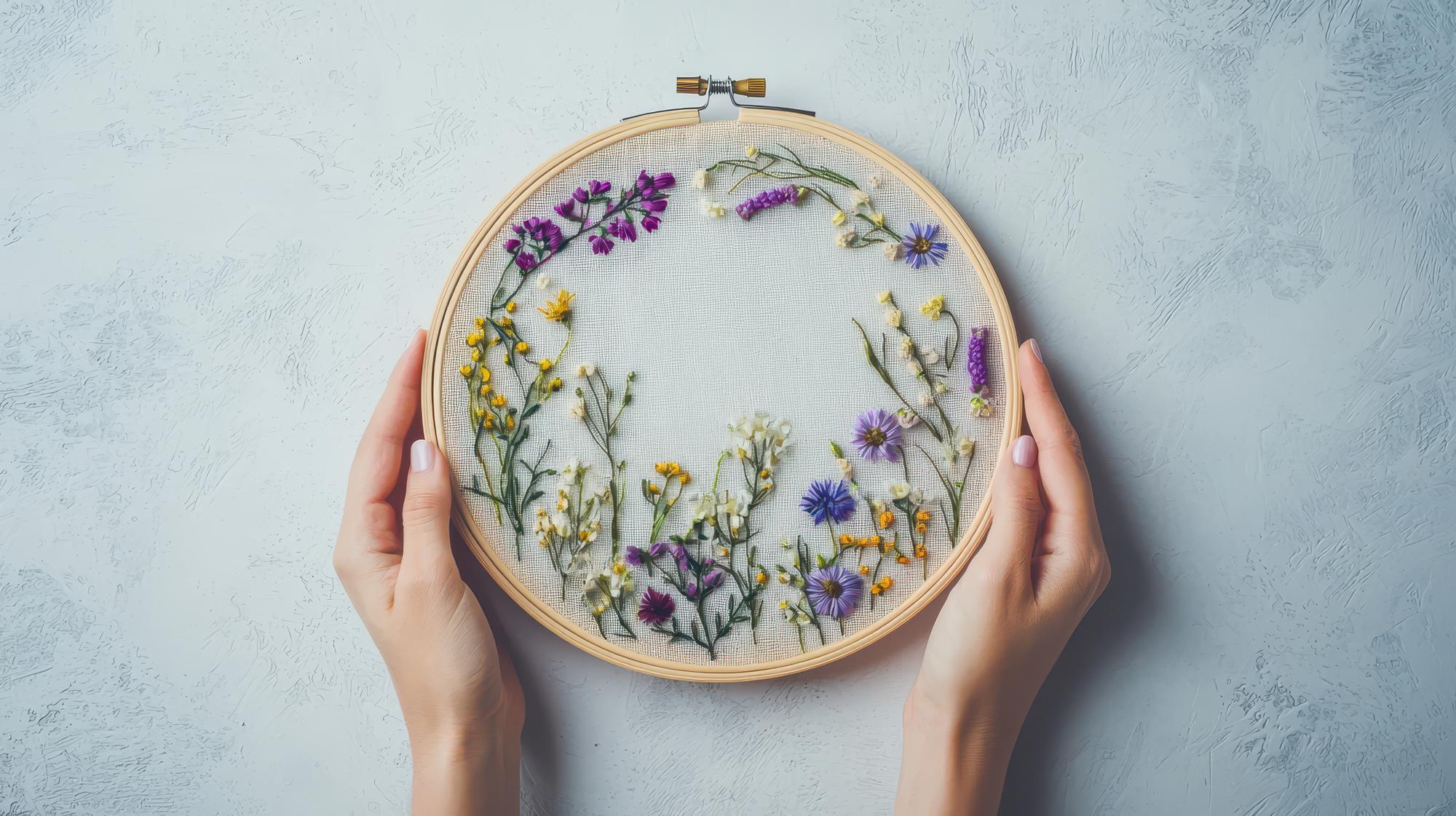 Mano che sistema un telaio con ricamo floreale